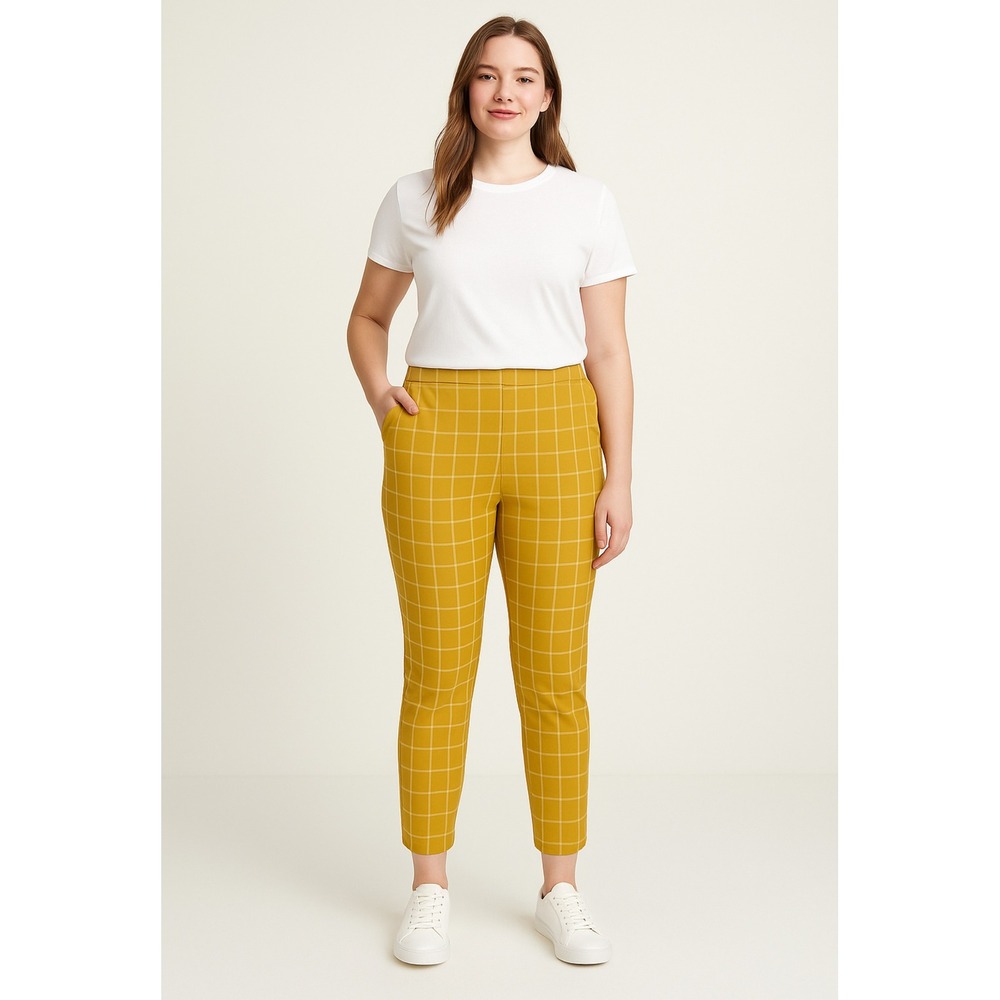 A New Day Women Mustard Yellow White Plaid Slim Leg Cropped‎ Pants Size 8